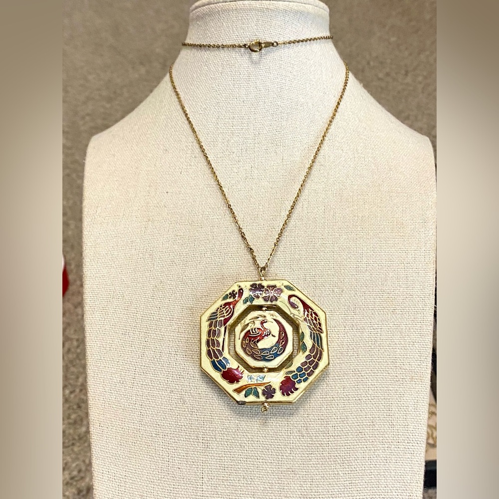 Vintage Enamel Peacock Pendant Necklace